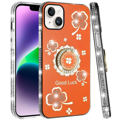 For iPhone 14/13 (6.1") Diamonds Bling All Around Edges Sparkly Glitter Hybrid with Ring Stand Holder Fashion Good Luck Case Cover Cosmic Orange