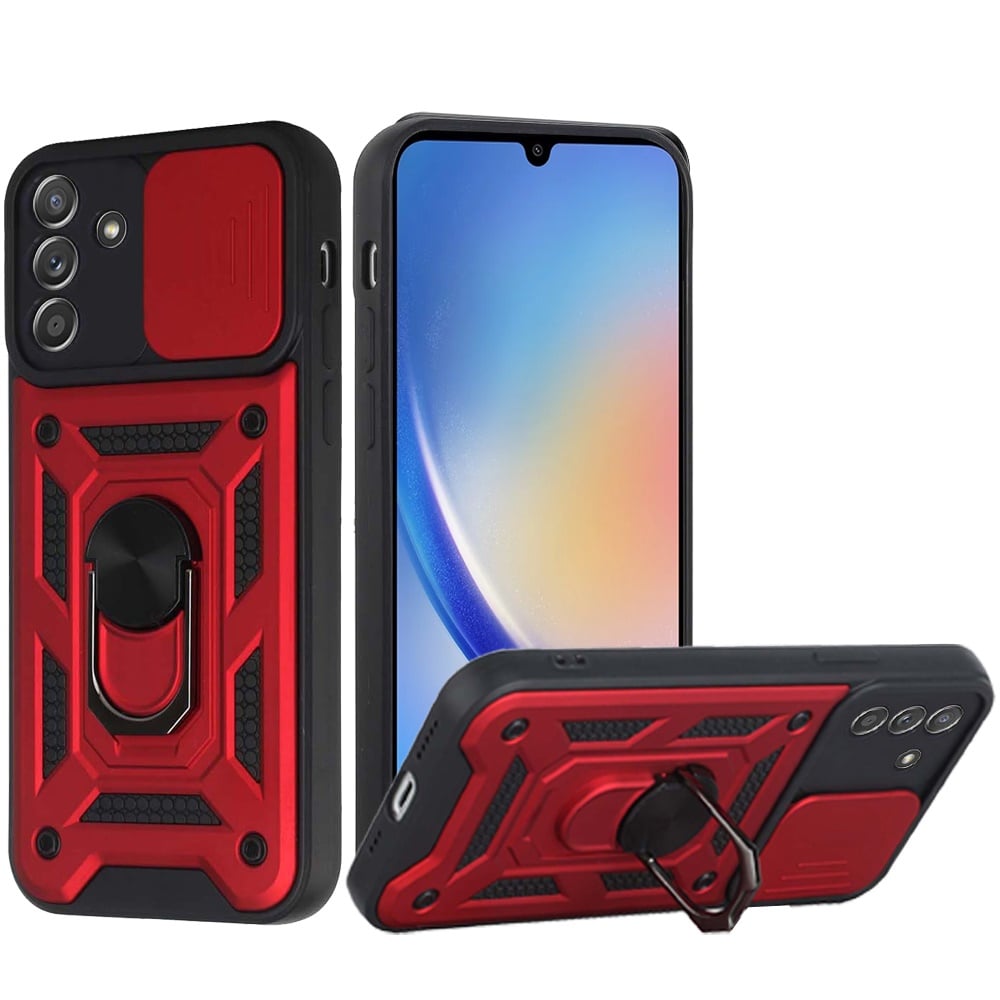 For Samsung Galaxy A15 5G Hybrid Case with Slide Camera Lens Cover, Ring Kickstand, Heavy-Duty Dual Layer TPU, Fit Magnet Car Mount Case Cover