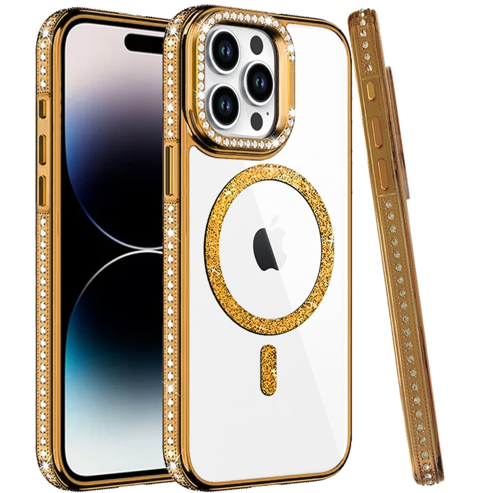 Phone Case for Apple iPhone 14 Pro Max Luxury Diamond Bling Edged Magnetic Glitter Shockproof Hybrid with Camera Kickstand Durable Grip Cover