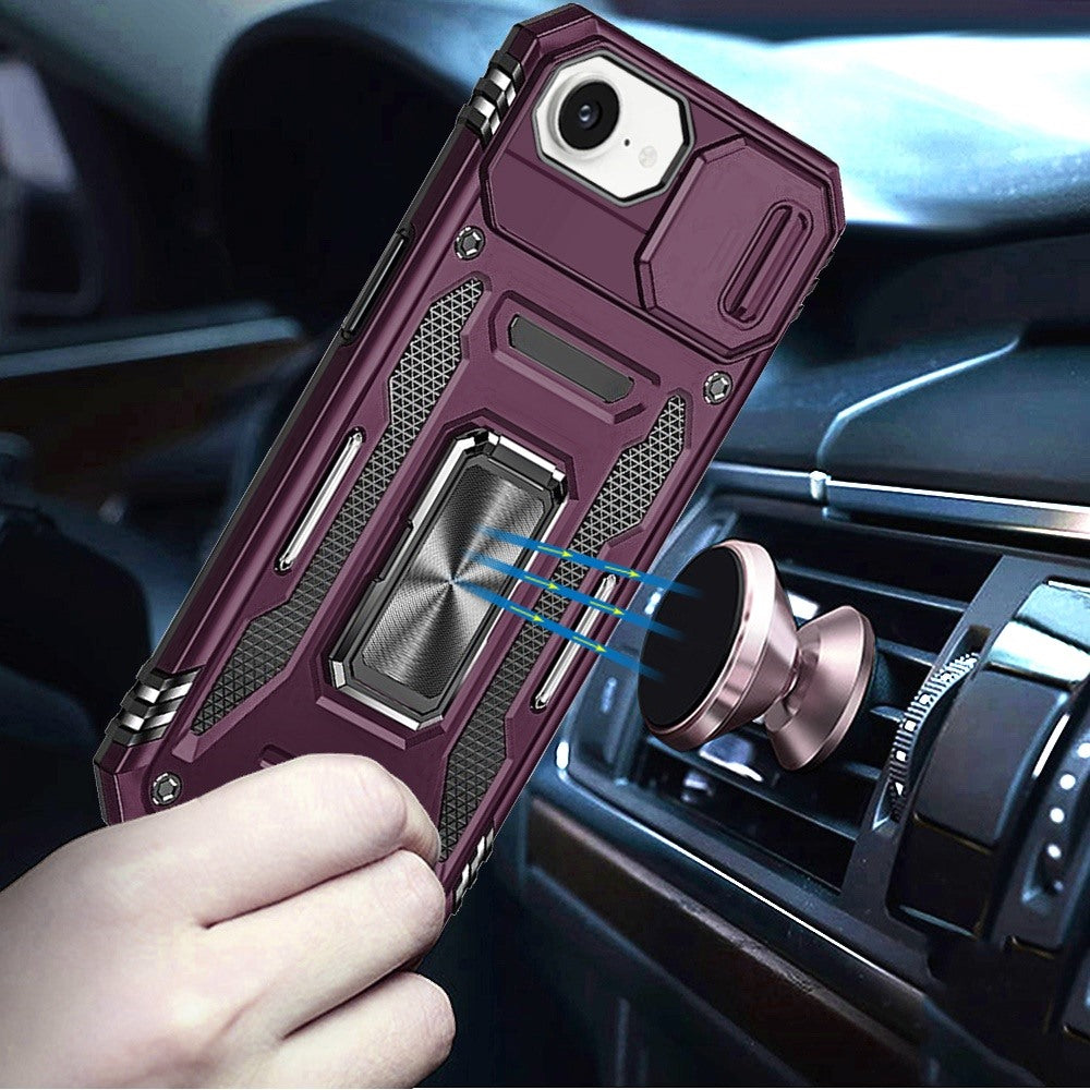 Phone Case for Apple iPhone 17E / iPhone 16E Tough Metal Ring Shockproof Sliding Camera Window Hybrid Armor Rugged Anti Slip Heavy Duty Grip Cover Purple