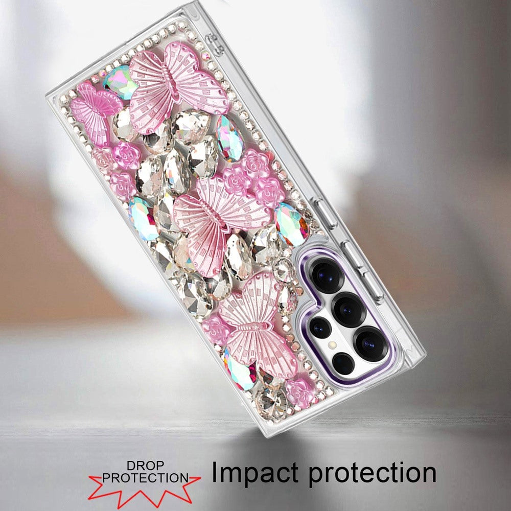 Phone Case for Galaxy S22 Ultra Luxury 3D Floral Butterfly Bling Rhinestone Glitter Shockproof Stylish Protective Hybrid Designer Metallic Cover Purple