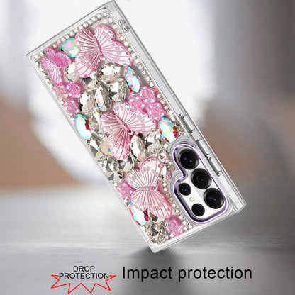 Phone Case for Galaxy S22 Ultra Luxury 3D Floral Butterfly Bling Rhinestone Glitter Shockproof Stylish Protective Hybrid Designer Metallic Cover Purple