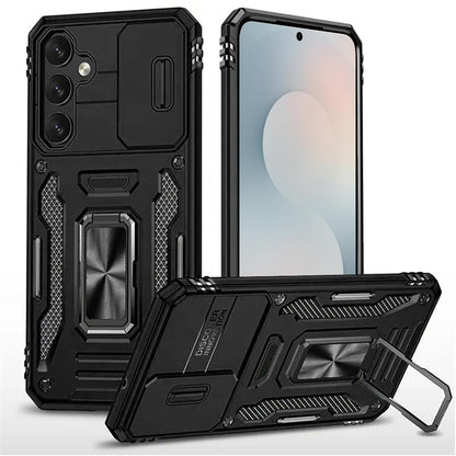 Phone Case for Samsung Galaxy S26 Tough Metal Ring Shockproof Sliding Camera Window Hybrid Armor Rugged Anti Slip Heavy Duty Grip Cover Black