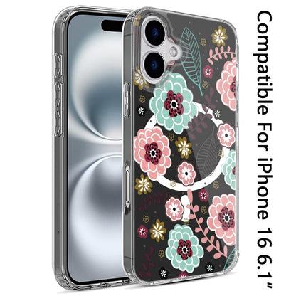 For iPhone 16 (6.1") Hybrid Flower Design Stylish Fashion Case, MagSafe Compatible, Thick Shockproof Hard PC Case Cover Wildflower