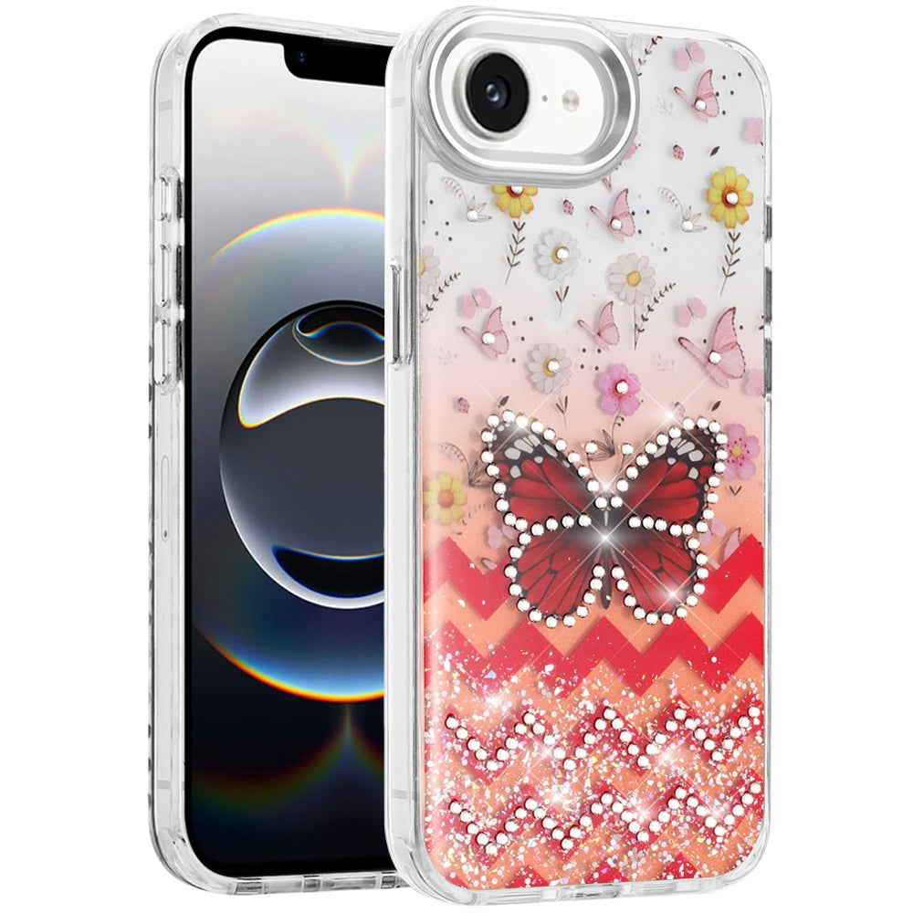 For Apple iPhone 17E /16E Butterfly Resin Epoxy Diamond Design Metal Edged Hybrid Shockproof Heavy Duty Drop Protection Case Cover