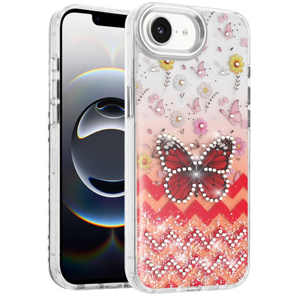 For Apple iPhone 17E /16E Butterfly Resin Epoxy Diamond Design Metal Edged Hybrid Shockproof Heavy Duty Drop Protection Case Cover