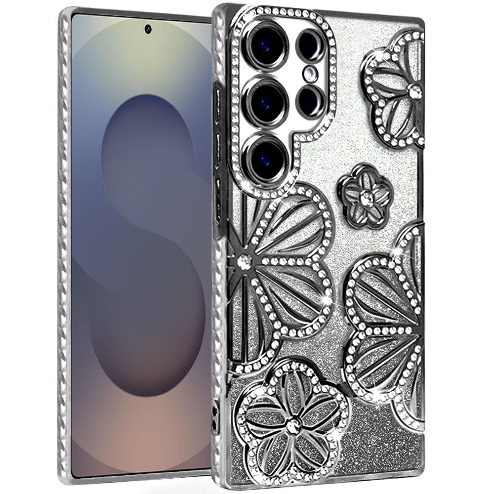 For Samsung Galaxy S25 Ultra Luxury Flower Design Sparkle Glitter Diamond Rhinestone Shimmer Bling Plating Thick TPU Hard PC Case Cover