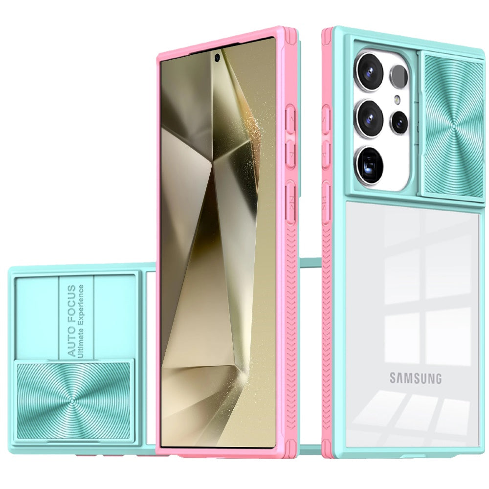 For Samsung Galaxy S24 Hybrid Cases with Sliding Camera Cover Transparent Shockproof Bumper TPU Protective Case Cover Pink/Blue