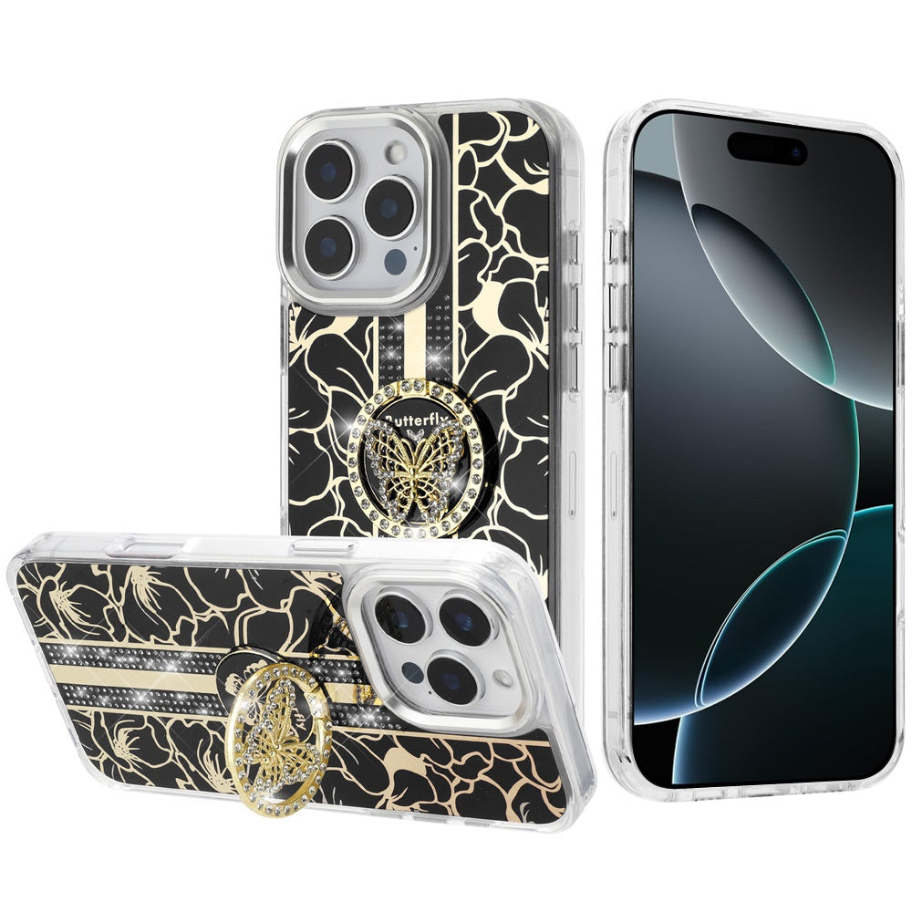 Phone Case for Apple iPhone 16 Pro Max Floral Butterfly Ring Stand Glitter Bling Shockproof Hybrid Luxury Fashion Protective Anti Slip Durable Grip Cover