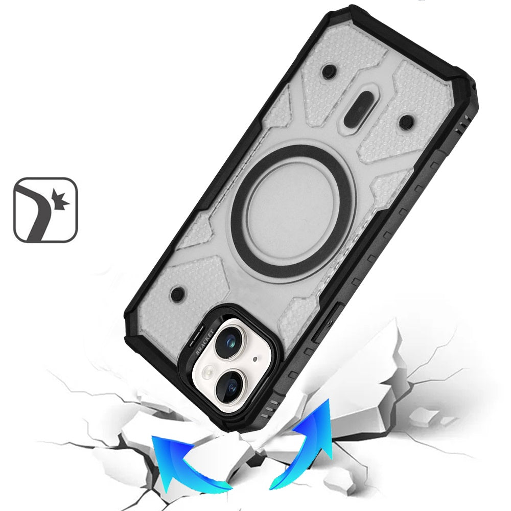 For Apple iPhone 15 Transparent Tough Dotted Magnetic Case with Camera Stand & Hybrid Grip Shockproof Case Cover