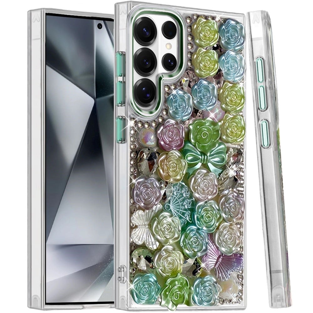 Phone Case for Samsung Galaxy S24 Ultra 3D Flower Bling Rhinestone Glitter Cute Stylish Shockproof Protective Decorative Luxury Grip Stones Ornaments Cover