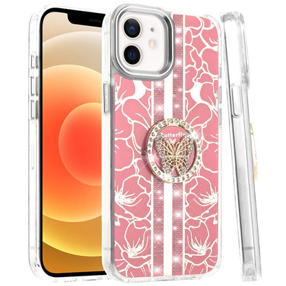 For Apple iPhone 12 /12 Pro Diamonds 3D Butterfly Floral Design Bling Sparkly Glitter Hybrid Metal Fashion with Ring Stand Case Cover