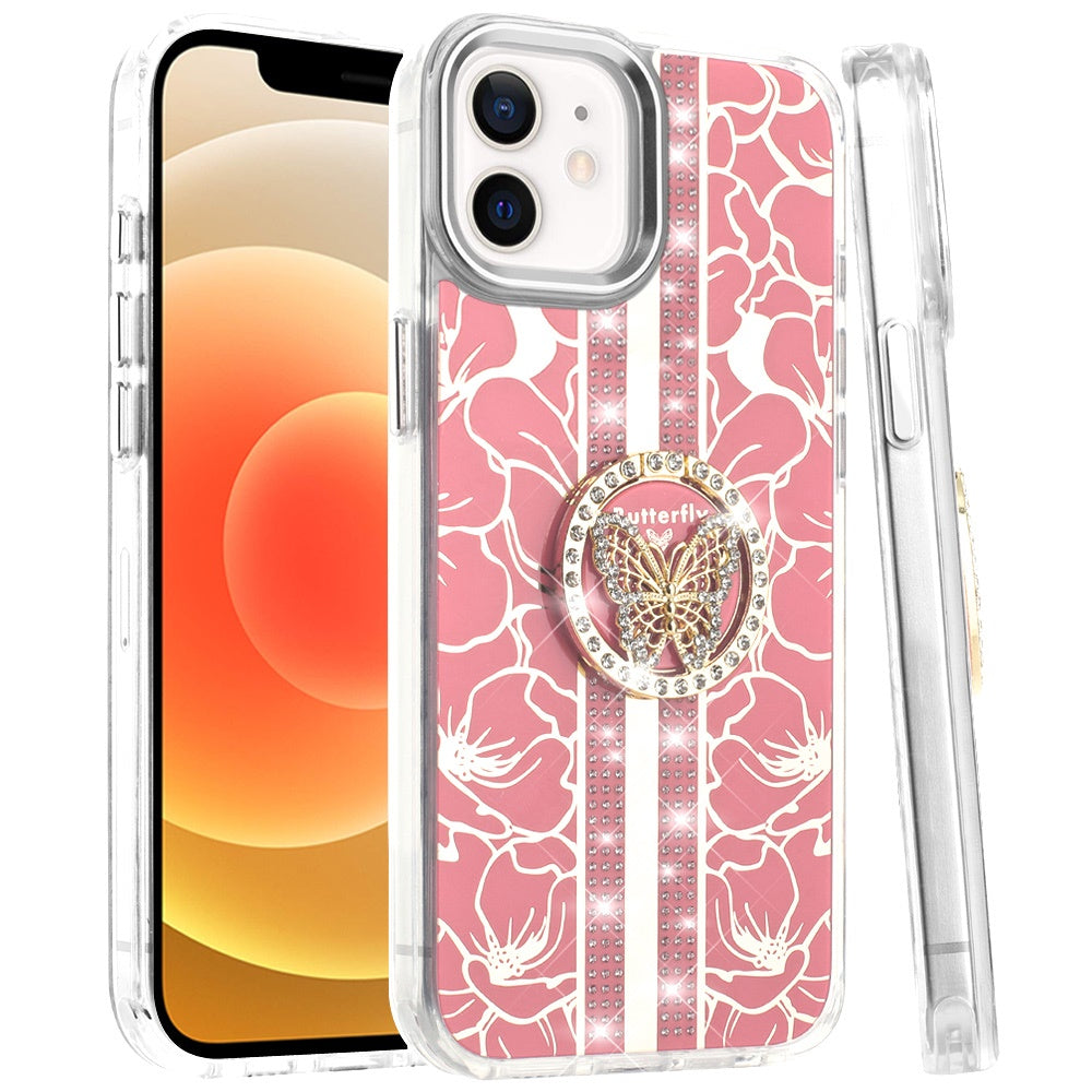 For Apple iPhone 16 (6.1") Diamonds 3D Butterfly Floral Design Bling Sparkly Glitter Hybrid Metal Fashion with Ring Stand Case Cover