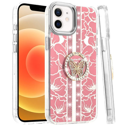 For iPhone 12 / iPhone 12 Pro (6.1") Diamonds 3D Butterfly Floral Design Bling Sparkly Glitter Hybrid Metal Fashion with Ring Stand Case Cover