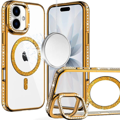 Phone Case for Apple iPhone 17 Luxury Diamond Bling Edged Magnetic Glitter Shockproof Hybrid with Camera Kickstand Durable Grip Cover Gold