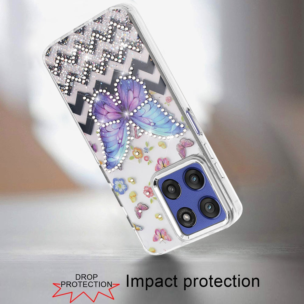 For Motorola Moto G Stylus 5G 2026 /2025 Butterfly Resin Epoxy Diamond Design Metal Edged Hybrid Shockproof Heavy Duty Drop Protection Case Cover