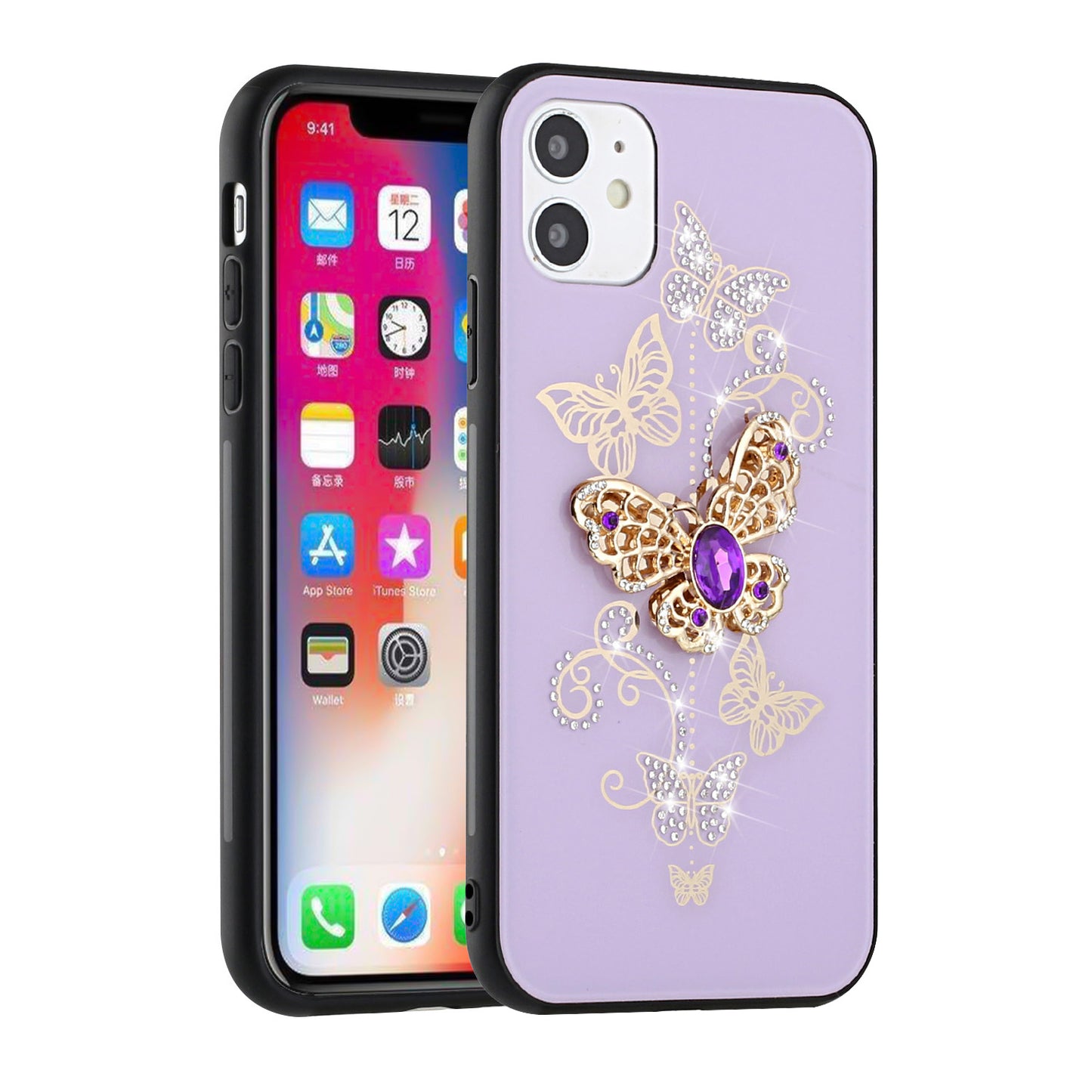 For Samsung Galaxy A06 Diamonds 3D Butterfly Bling Sparkly Glitter Ornaments Engraving Hybrid Metal Fashion Case Cover Purple Garden Butterflies