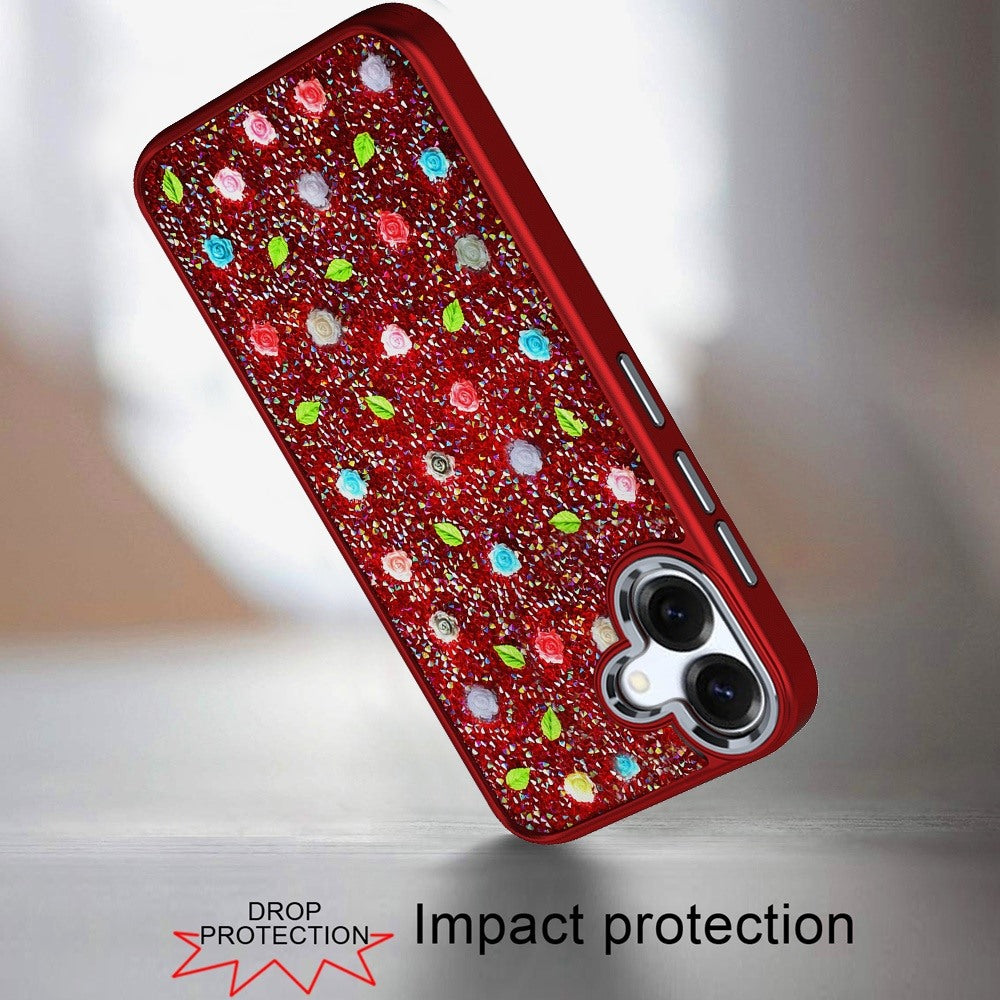 For Apple iPhone 16 Pro (6.3") Floral Design Embedded Glass Diamond Fancy Fashion Glitter Bling Sparkly Hybrid Rugged TPU Bumper Case Cover