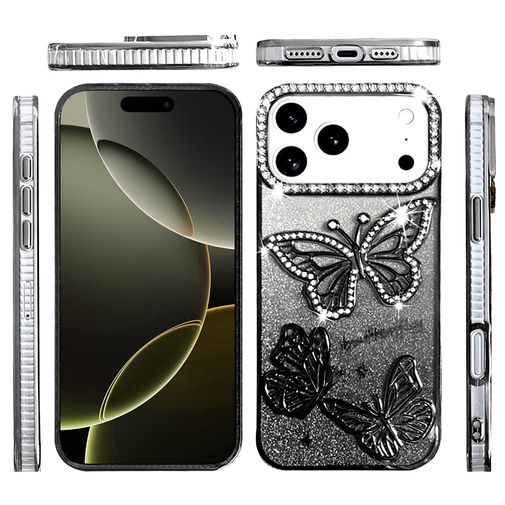 For Apple iPhone 17 Pro (6.3") Luxury Butterfly Sparkle Glitter Diamond Crystal Rhinestone Shimmer Bling Plating Thick TPU Hard PC Case Cover