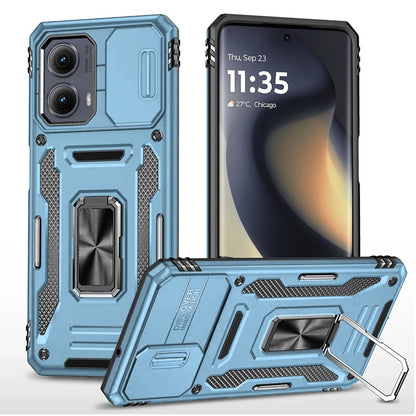 Phone Case for Motorola Edge 2024 Tough Metal Ring Shockproof Sliding Camera Window Hybrid Armor Rugged Anti Slip Heavy Duty Grip Cover Blue