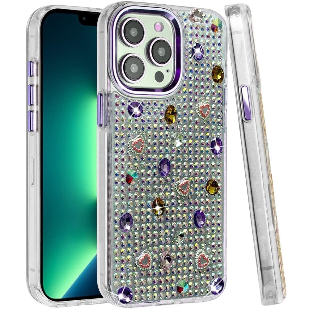 Phone Case for Apple iPhone 13 Pro Max Chrome Fashion Hybrid Bling Diamond Heart Rhinestone Decorative Stones Sparkling Embellished Design Cover