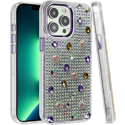Phone Case for Apple iPhone 13 Pro Max Chrome Fashion Hybrid Bling Diamond Heart Rhinestone Decorative Stones Sparkling Embellished Design Cover