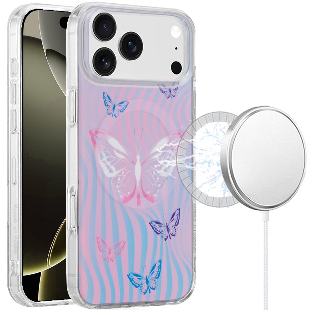 For Apple iPhone 17 Pro Stylish Pattern Fashion IMD Printed Design TPU Double Layer Slim Shockproof with Magnetic Back Case Cover Pink Butterfly