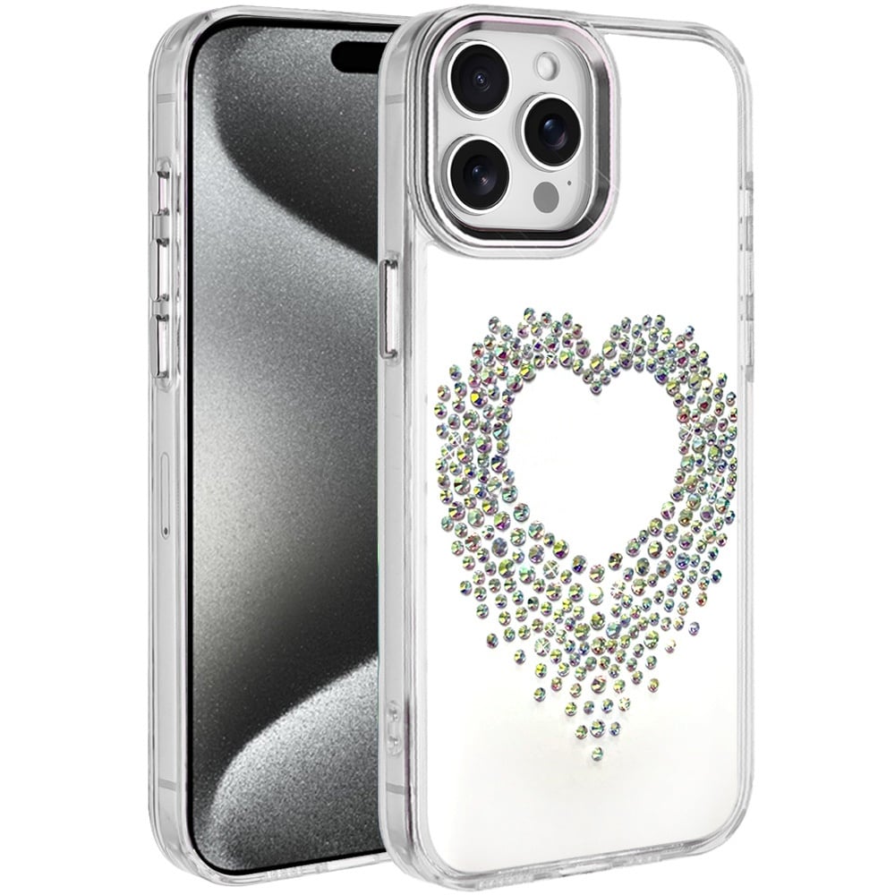 For Apple iPhone 15 Pro Max Angel Hearts Bling Glitter Diamond Hybrid TPU Cover, Colorful Frame Shockproof Protective Back Case Cover