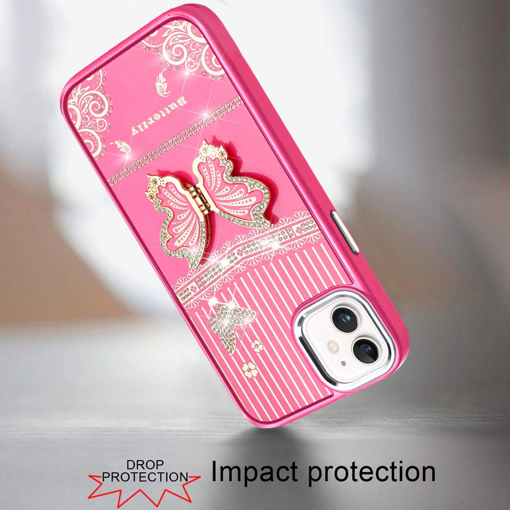 Phone Case for Apple iPhone 11 Glitter Bling Butterfly Stand Metallic Edge Hybrid Shockproof Grip Durable Camera Protection Stylish Design Cover Pink