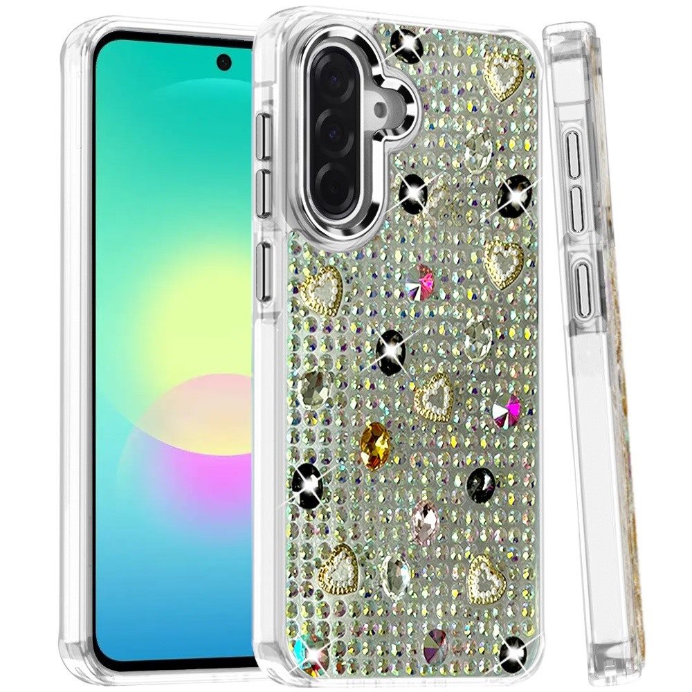 Phone Case for Samsung Galaxy A27 Chrome Fashion Hybrid Bling Diamond Heart Rhinestone Decorative Stones Sparkling Embellished Design Cover