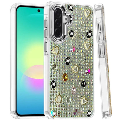 Phone Case for Samsung Galaxy A27 Chrome Fashion Hybrid Bling Diamond Heart Rhinestone Decorative Stones Sparkling Embellished Design Cover