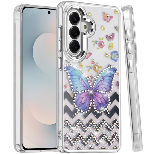For Samsung Galaxy S25 FE /S25 Fan Edition Butterfly Resin Epoxy Diamond Design Metal Edged Hybrid Shockproof Heavy Duty Drop Protection Case Cover