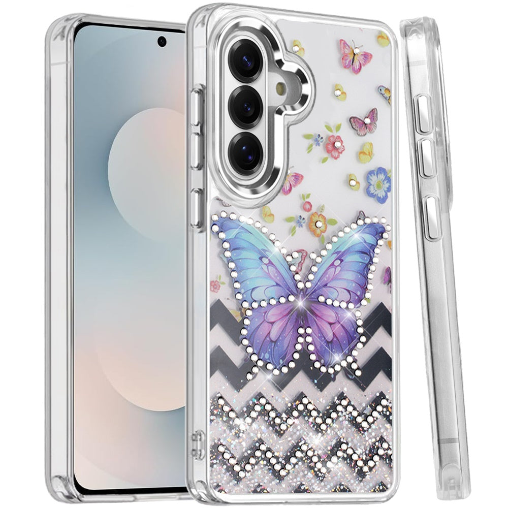 For Samsung Galaxy S25 FE /S25 Fan Edition Butterfly Resin Epoxy Diamond Design Metal Edged Hybrid Shockproof Heavy Duty Drop Protection Case Cover