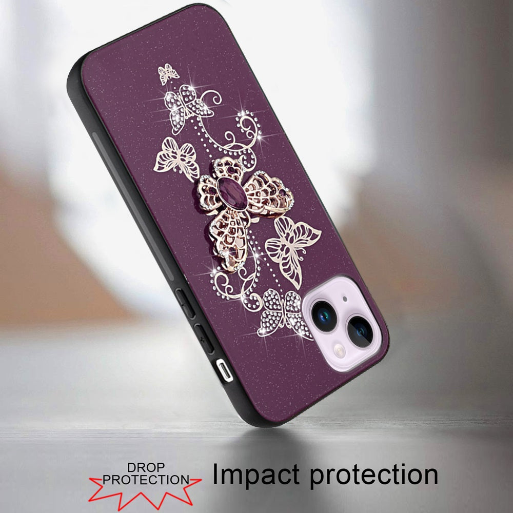 Phone Case for iPhone 15 Diamond Glitter 3D Butterfly Engraved Luxury Bling Hybrid Shockproof Chrome Edge Protective Durable Grip Cover Purple