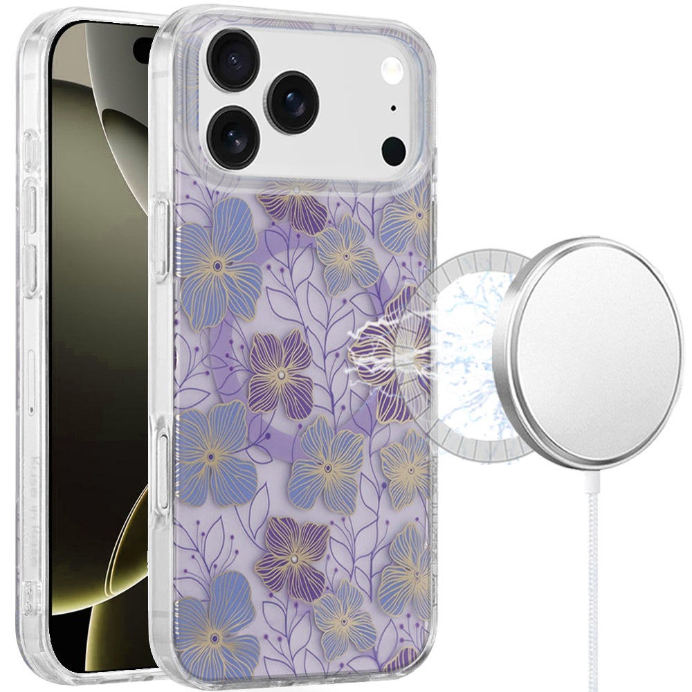 For Apple iPhone 17 Pro Max Stylish Pattern Fashion IMD Printed Design TPU Double Layer Slim Shockproof with Magnetic Back Case Cover Purple Flower
