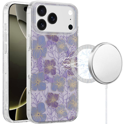 For Apple iPhone 17 Pro Max Stylish Pattern Fashion IMD Printed Design TPU Double Layer Slim Shockproof with Magnetic Back Case Cover Purple Flower