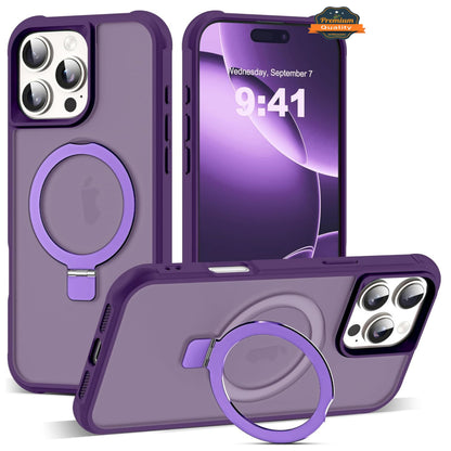 For Apple iPhone 16 (6.1") Translucent Matte Finish, MagSafe Compatible, Built-in Ring Stand, Shockproof Protective Back Case Cover