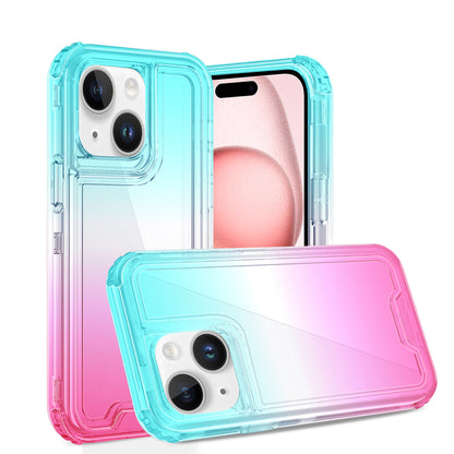 For Apple iPhone 16 (6.1") Hybrid 3in1 Clear Two Color Tone Transparent Shockproof Rubber TPU + Hard Protective Frame Case Cover Blue Teal + Pink