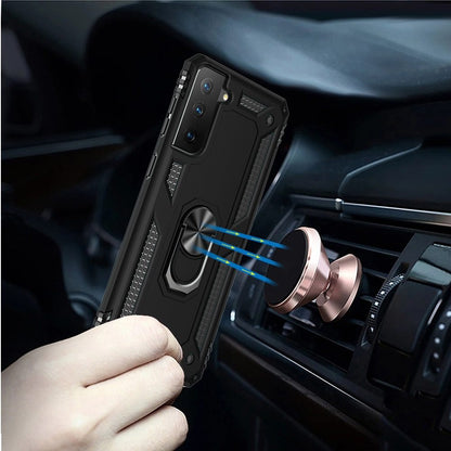 For Samsung Galaxy S21 Fan Edition / S21 FE Hybrid Shockproof Durable 360 Degree Rotatable Ring Stand Holder Kickstand Fit Magnetic Car Mount Case Cover Black
