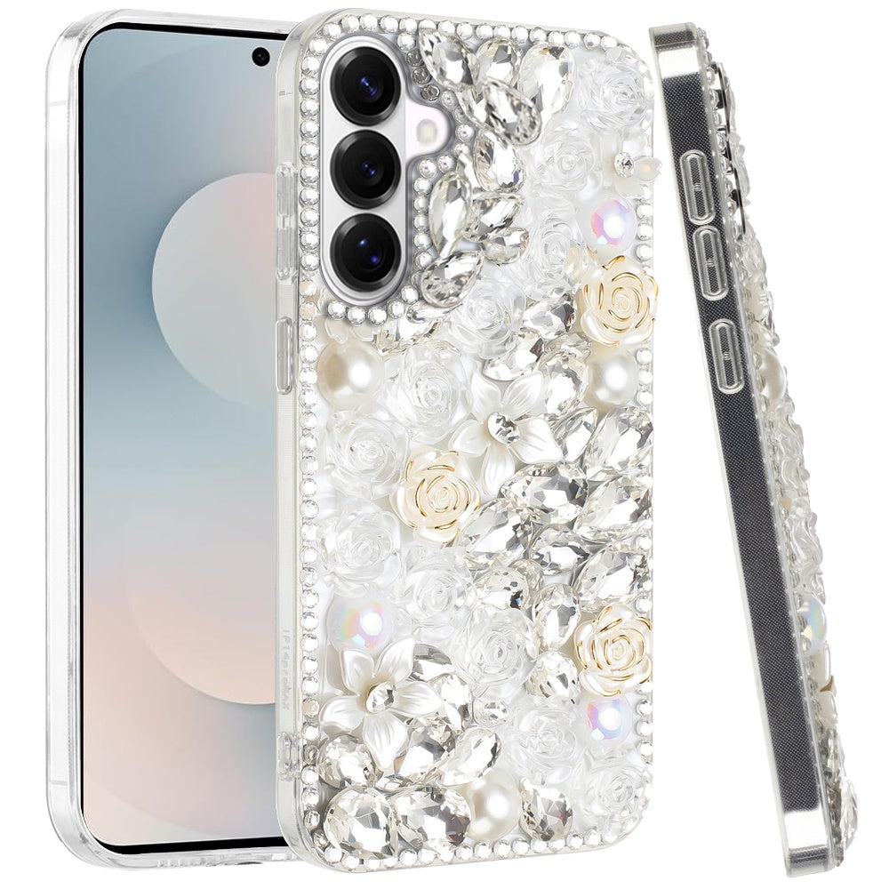 For Samsung Galaxy S26+ / S26 Plus Fashion Rose Flower Floral, 3D Bling Crystal Full Diamonds Pearl Sparkle Rhinestone Glitter Hybrid Case Cover