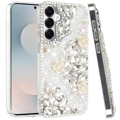 For Samsung Galaxy S26+ / S26 Plus Fashion Rose Flower Floral, 3D Bling Crystal Full Diamonds Pearl Sparkle Rhinestone Glitter Hybrid Case Cover
