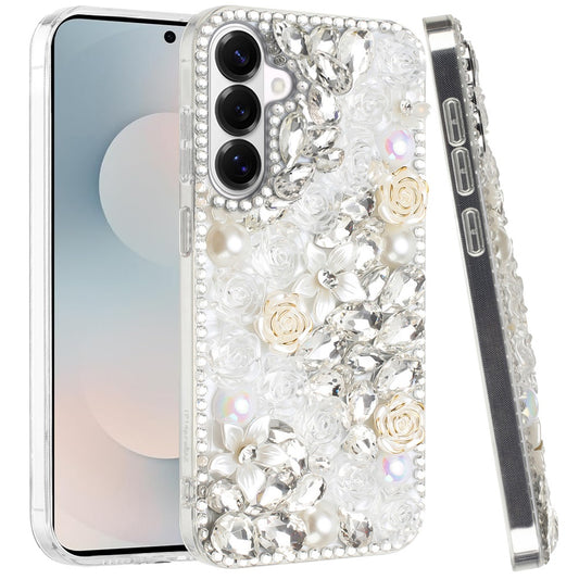 For Samsung Galaxy S26+ / S26 Plus Fashion Rose Flower Floral, 3D Bling Crystal Full Diamonds Pearl Sparkle Rhinestone Glitter Hybrid Case Cover