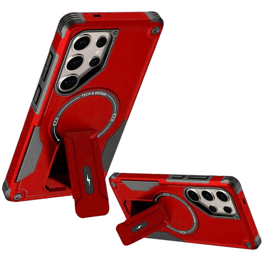 Phone Case for Galaxy S25 Ultra Magnetic Kickstand Rugged Shockproof Armor Grip Anti Slip Heavy Duty Protective Matte Stand Hybrid Cover Red