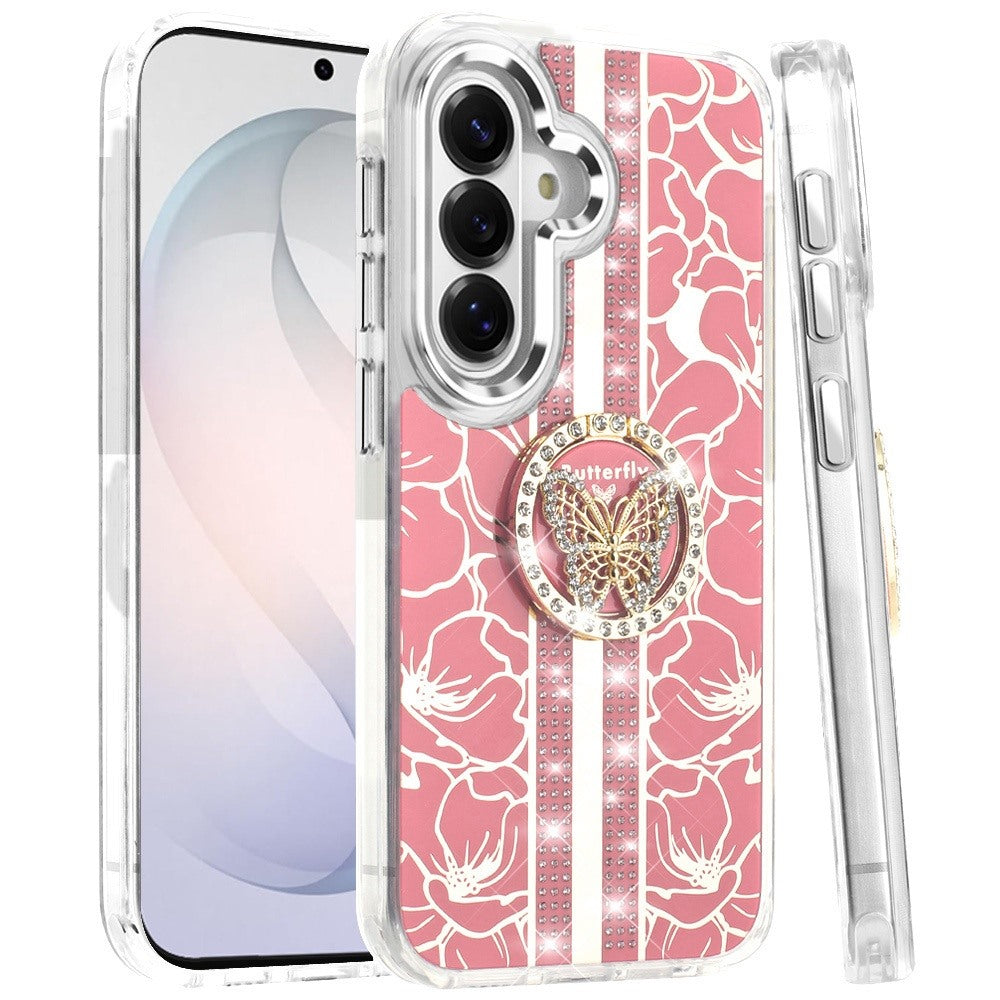 Phone Case for Samsung Galaxy S26 FE /S26 Fan Edition Floral Butterfly Ring Stand Glitter Bling Shockproof Hybrid Luxury Fashion Protective Anti Slip Durable Grip Cover