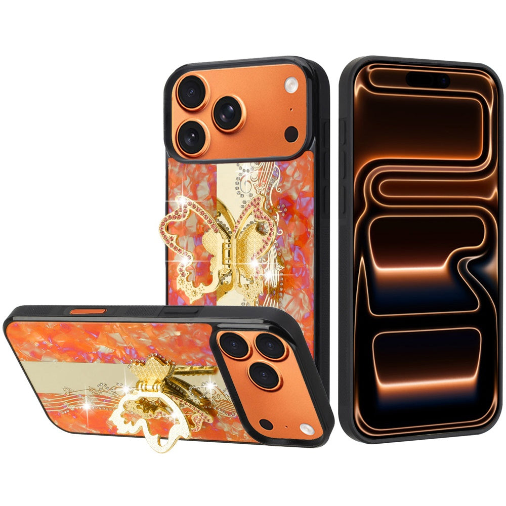 Phone Case for Apple iPhone 18 Pro Max Diamond 3D Fashion Floral Glitter Engraved Luxury Bling Hybrid Shockproof Chrome Edge Protective Grip Cover Orange
