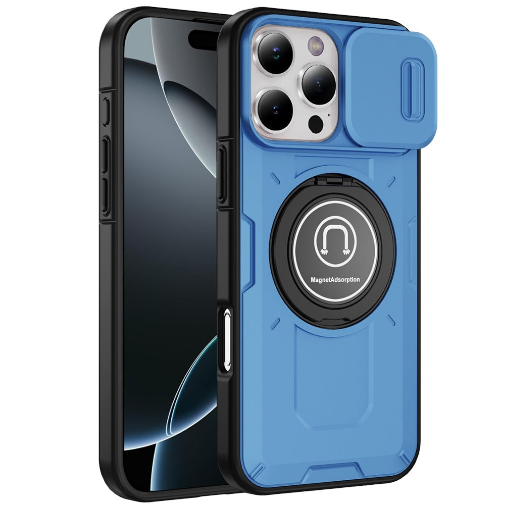 For Apple iPhone 16 Pro Max Build in Invisible Magnetic Ring Stand with Slide Camera Protector, fit Magnetic Car Mount [Compatible with MagSafe] Case Cover