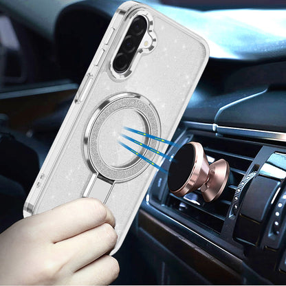 For Samsung Galaxy A17 5G Transparent Glitter Bling Case with Rotating Magnetic Ring Stand, Shockproof Hybrid Case Cover Black