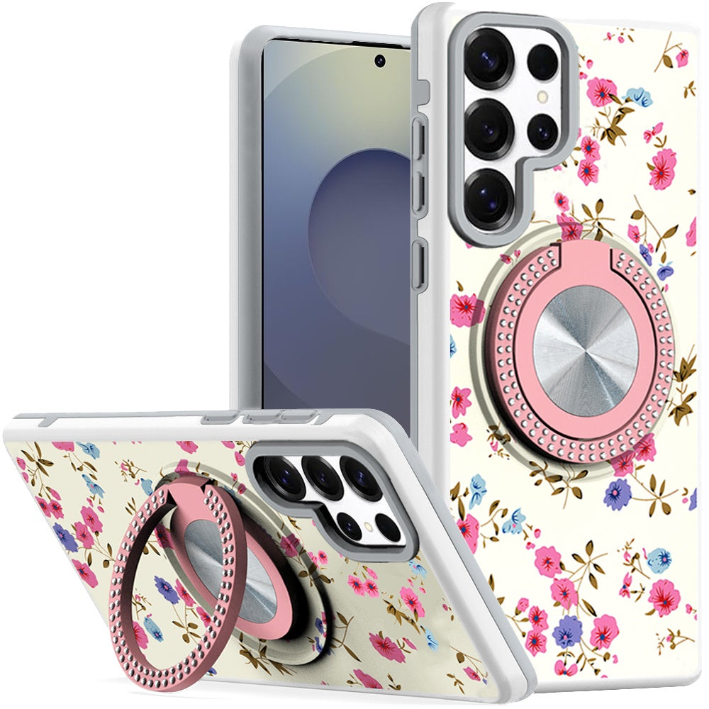 For Samsung Galaxy S25 Ultra Pattern Design Hybrid with Invisible Ring Stand & Magnetic Back, Shockproof Protective Grip Case Cover