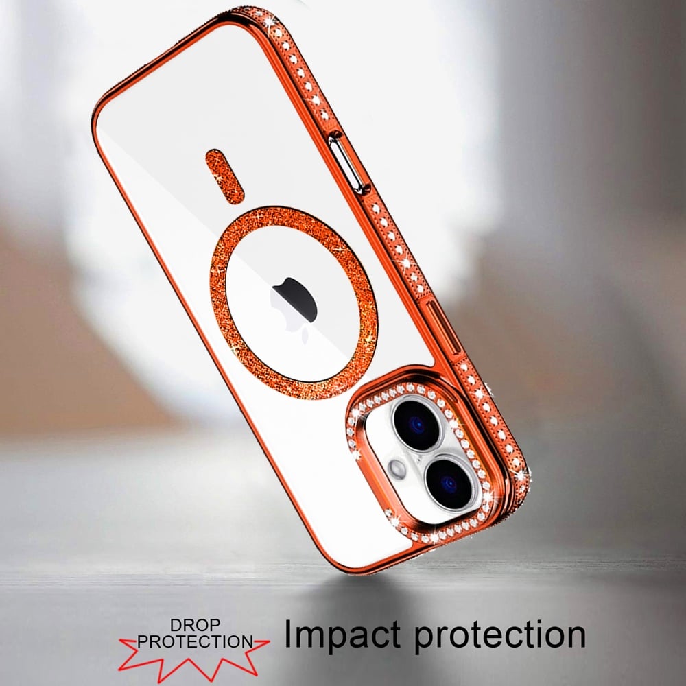 Phone Case for Apple iPhone 17 Luxury Diamond Bling Edged Magnetic Glitter Shockproof Hybrid with Camera Kickstand Durable Grip Cover Orange