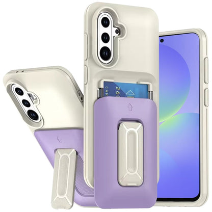 Phone Case for Samsung Galaxy A56 / A36 Credit Card Holder Wallet Shockproof Hybrid Armor Grip with Kickstand & Wrist Strap Protective Dual Card Slot Cover Beige+Light Purple